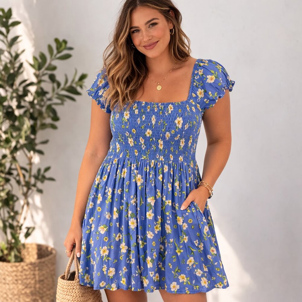 French Connection Shanti Floral Smocked Dress Size 12 Blue Puff Sleeve Sundress